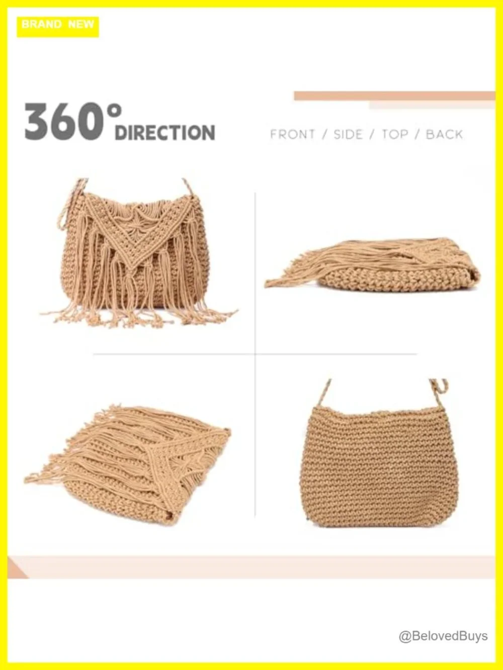 Handwoven Crochet Tassel Fringe Shoulder Bag with Zipper Closure